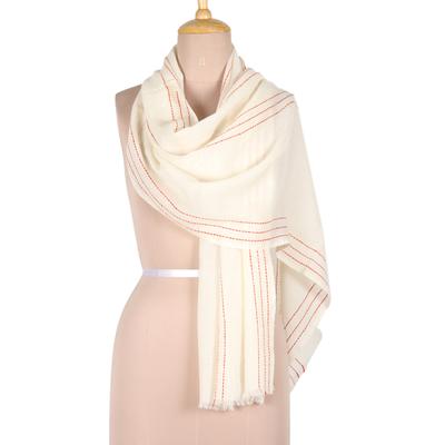 Ivory Finesse,'Ivory Wool Shawl with Stitch Pattern Woven in India'