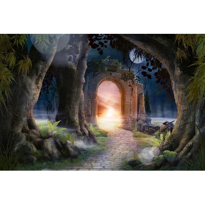 Fototapete PAPERMOON "MÄRCHEN-LANDSCHAFT-ARKADE BÄUME FANTASIE SONNE MOND", bunt, B:3,50m L:2,60m, Vlies, Tapeten Image
