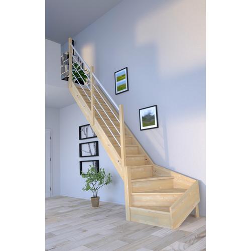 „STARWOOD Raumspartreppe „“Massivholz Korfu, Holz-Edelstahlgeländer Weiß““ Treppen gewendelt Links, Durchgehende Wangenteile Gr. gewendelt, beige (natur, weiß) Treppen“