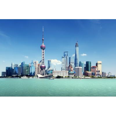 Fototapete PAPERMOON "SHANGHAI-STADT CHINA SKYLINE BRÜCKEN UFER FLUSS STRAND", bunt, B:4,00m L:2,60m, Vlies, Tapeten
