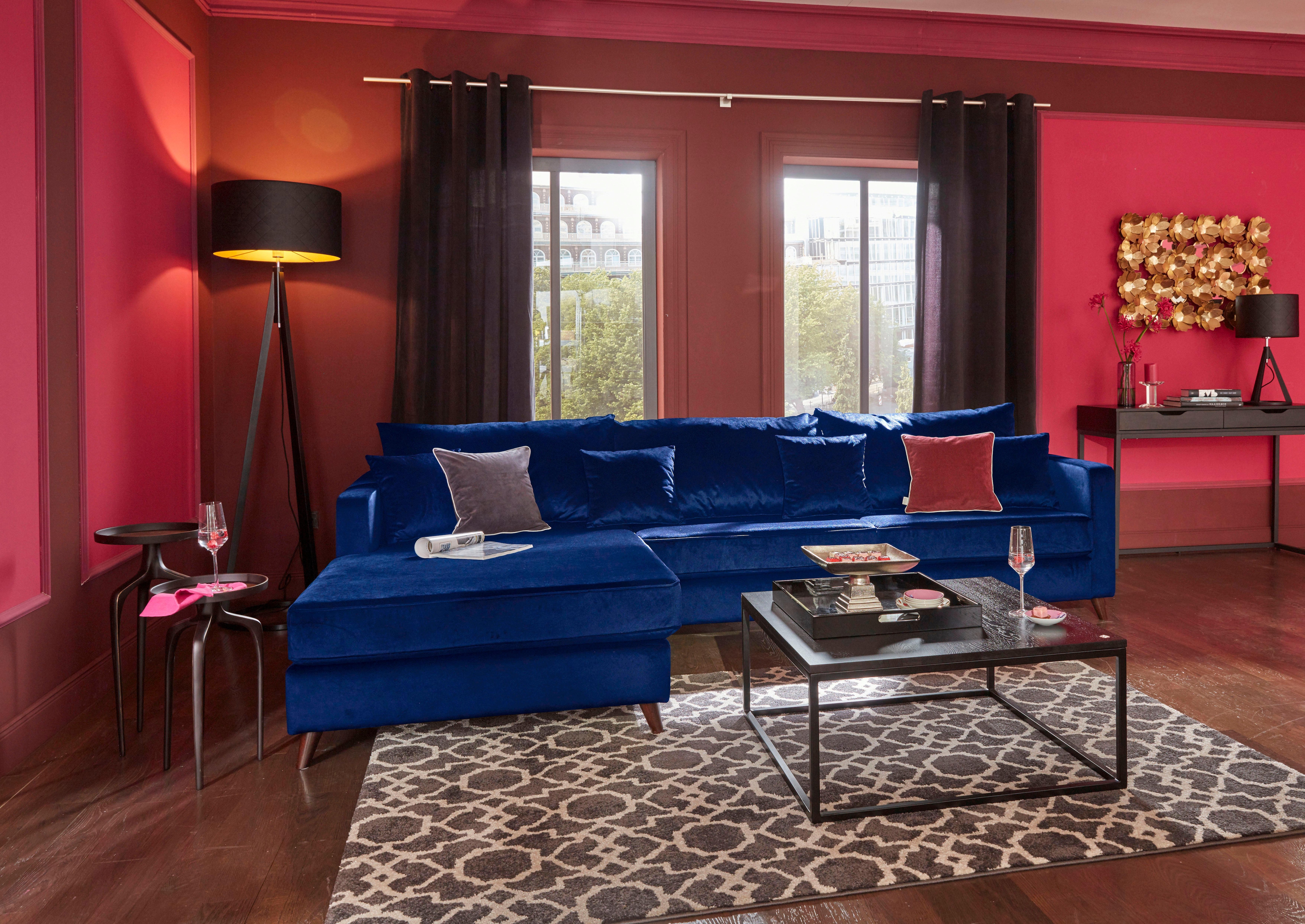 Ecksofa HOME AFFAIRE "Renesse L-Form", blau, B:294cm H:90cm T:184cm, Samtvelours 100% Polyester;Luxus-Microfaser ALTARA NUBUCK (100% Polyester), Sofas, lose Kissen, Keder an Sitzkissen