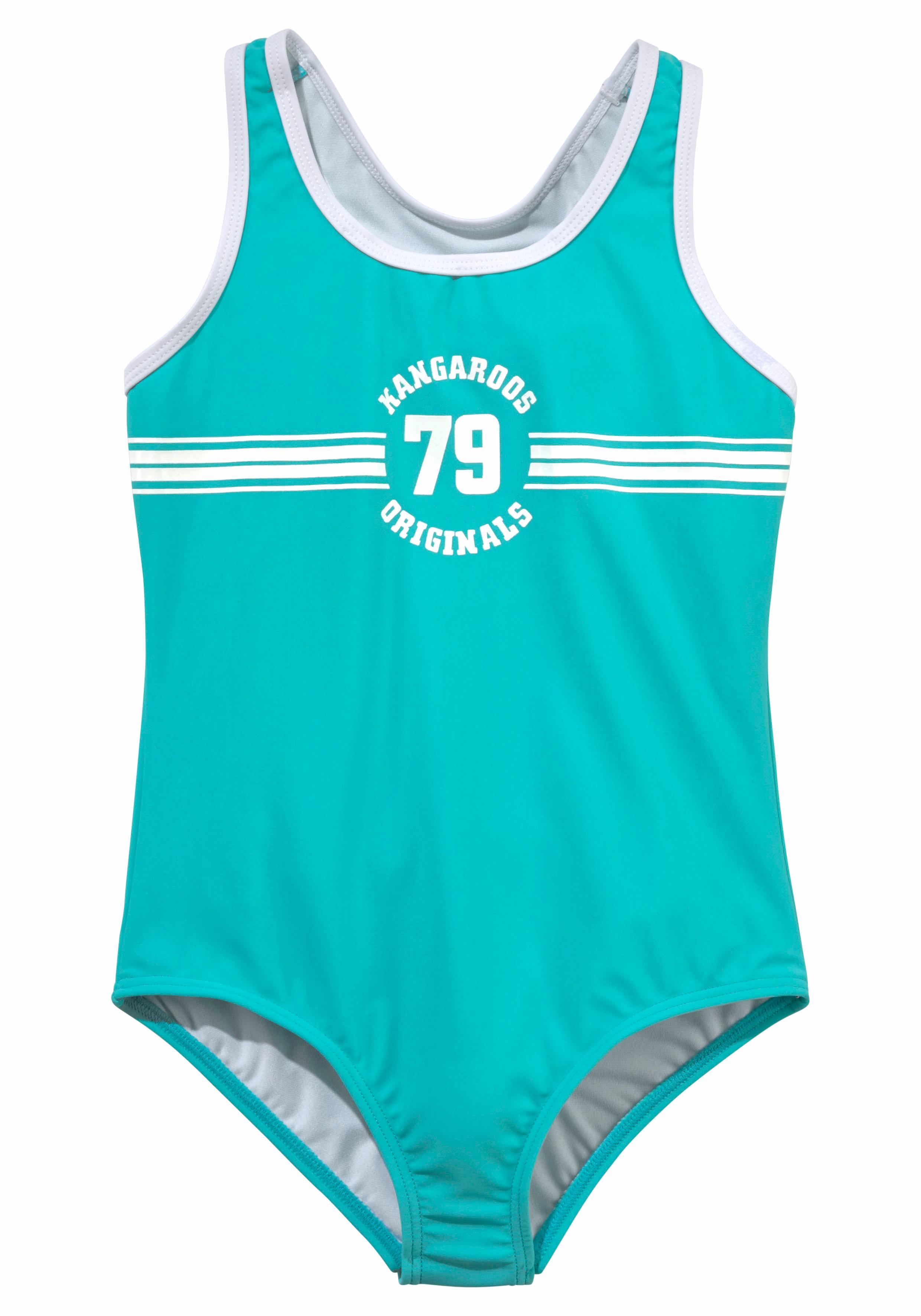 Badeanzug KANGAROOS "Sporty", Kinder, Gr. 122/128, N-Gr, blau (türkis), Polyamid, unifarben, Badeanzüge, mit sportlichem Frontdruck Image