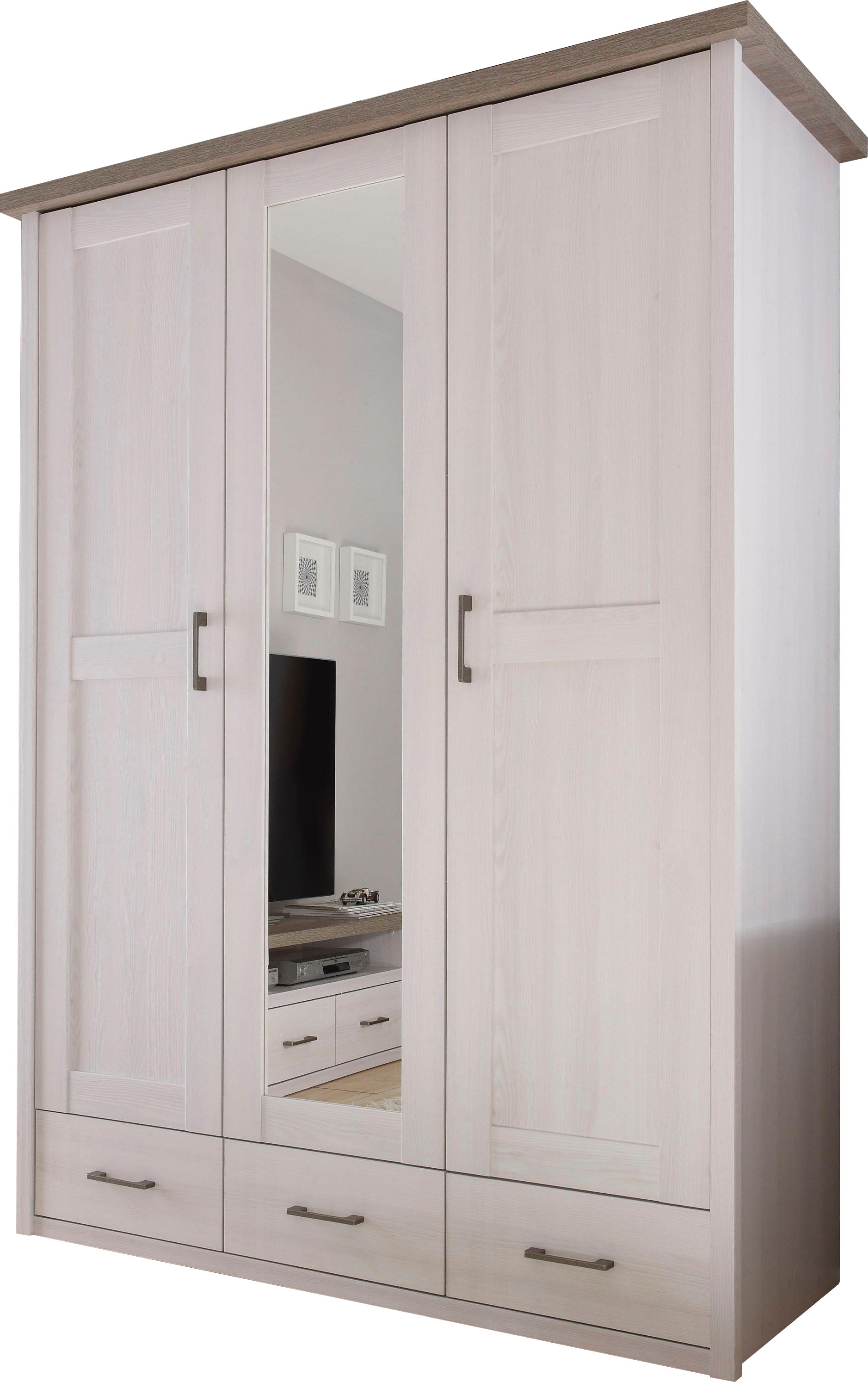 Kleiderschrank BEGABINO "Luca Schrank Garderobe Landhaus Design", weiß (pinienfarben weiß, trüffelfarben), B:148cm H:201cm T:62cm, Schränke, Kleiderschrank, inklusive Kranzaufsatz Drehtürenschrank mit Schubladen