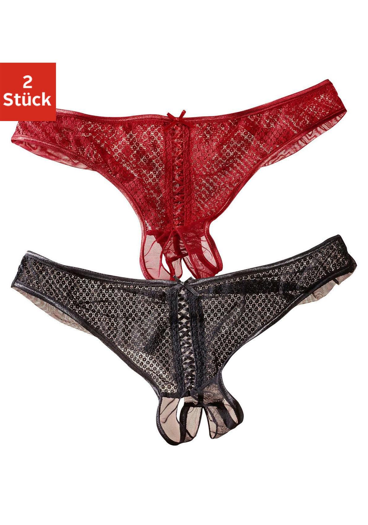 String-Ouvert PETITE FLEUR GOLD, Damen, Gr. 52/54, 2 Stk., rot (rot, schwarz), Netz, Obermaterial: 90% Polyamid, 10% Elasthan, Unterhosen, vorne mit sexy Schnür-Optik