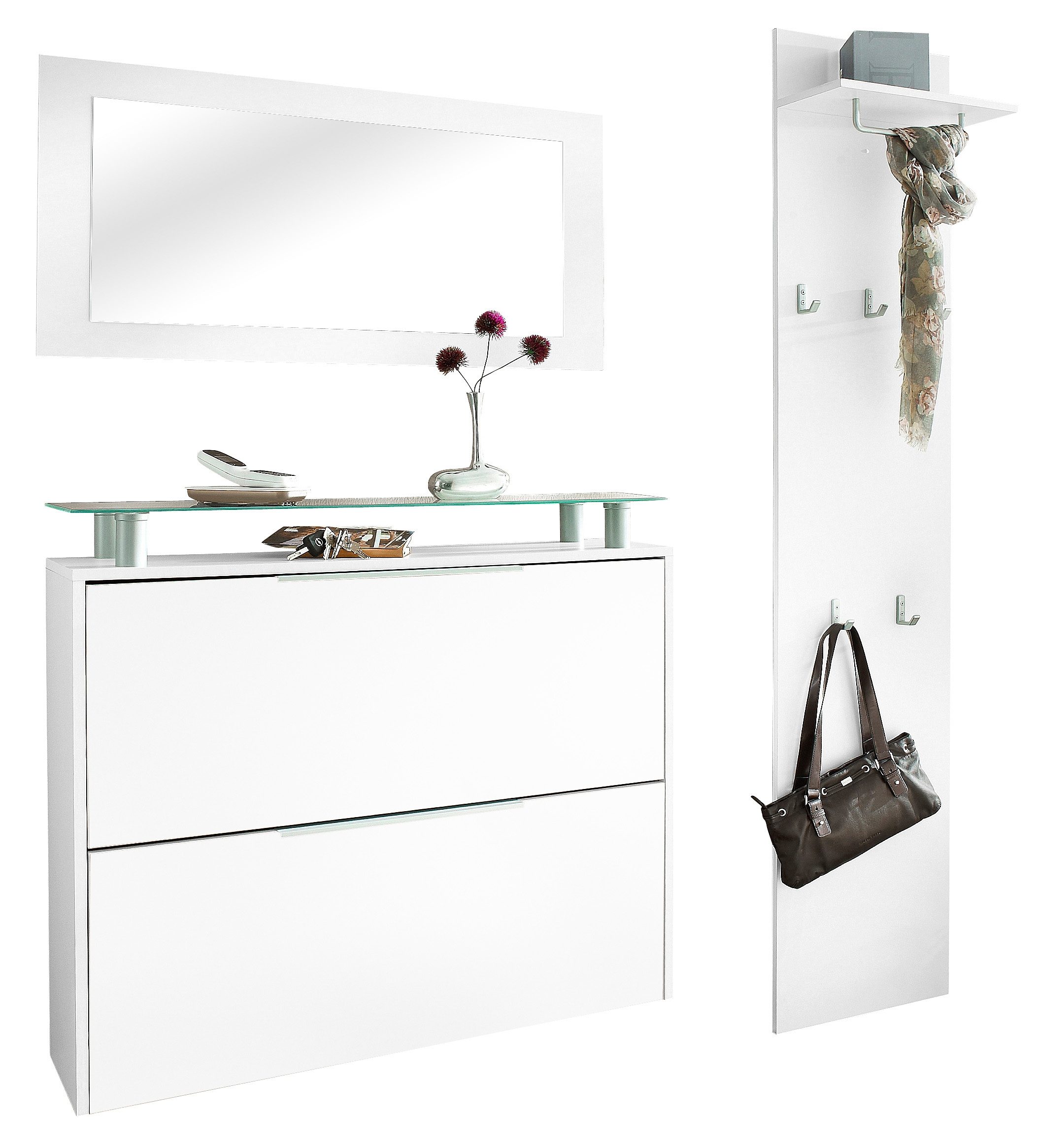 Garderoben-Set BORCHARDT MÖBEL "Rena mit Schuhschrank, Paneel und Spiegel", weiß (weiß matt, weiß matt), B:129cm H:160cm T:23cm, Kastenmöbel-Sets, Zur hängenden Montage. Mit Metallgriffen, Kleiderstange und Glasboden. Image