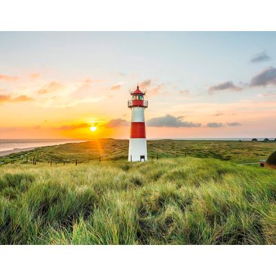 LIVING WALLS Fototapete "Leuchtturm Sylt" Tapeten Dünen Tapete Strand Fototapete Wohnzimmer Tapeten Flur Design Optik Gr. B/L: 3,36 m x 2,6 m, hellblau orange grün rot weiß