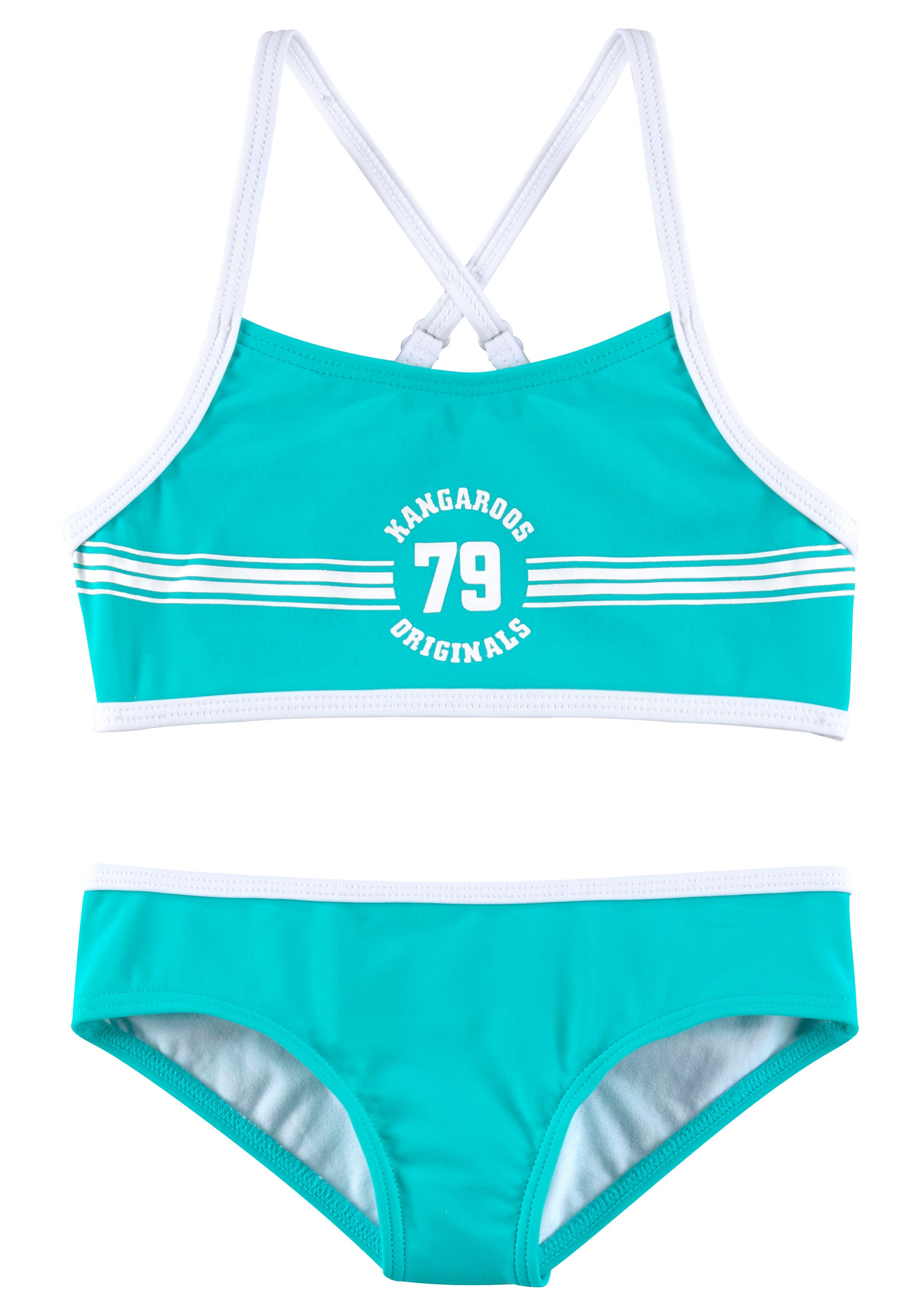 Bustier-Bikini KANGAROOS "Sporty", Mädchen, Gr. 146/152, N-Gr, blau (türkis), Polyamid, kontrastfarbene Details, unifarben, Bikini-Sets, mit sportlichem Frontdruck