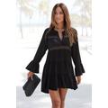 Longbluse LASCANA, Damen, Gr. 44/46, schwarz, Web, Obermaterial: 100% Viskose. Spitze: 100% Baumwolle, modisch, figurumspielend kurz, V-Ausschnitt, Langarm Volant, Blusen, mit Spitzeneinsätzen, Tunika, Blusenkleid, Strandmode