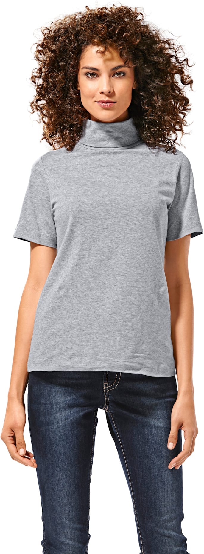 Rollkragenshirt HEINE "Rollkragen-Shirt", Damen, Gr. 40, grau (grau, melange), 65% Baumwolle, 30% Polyester, 5% Elasthan, unifarben, Shirts Image