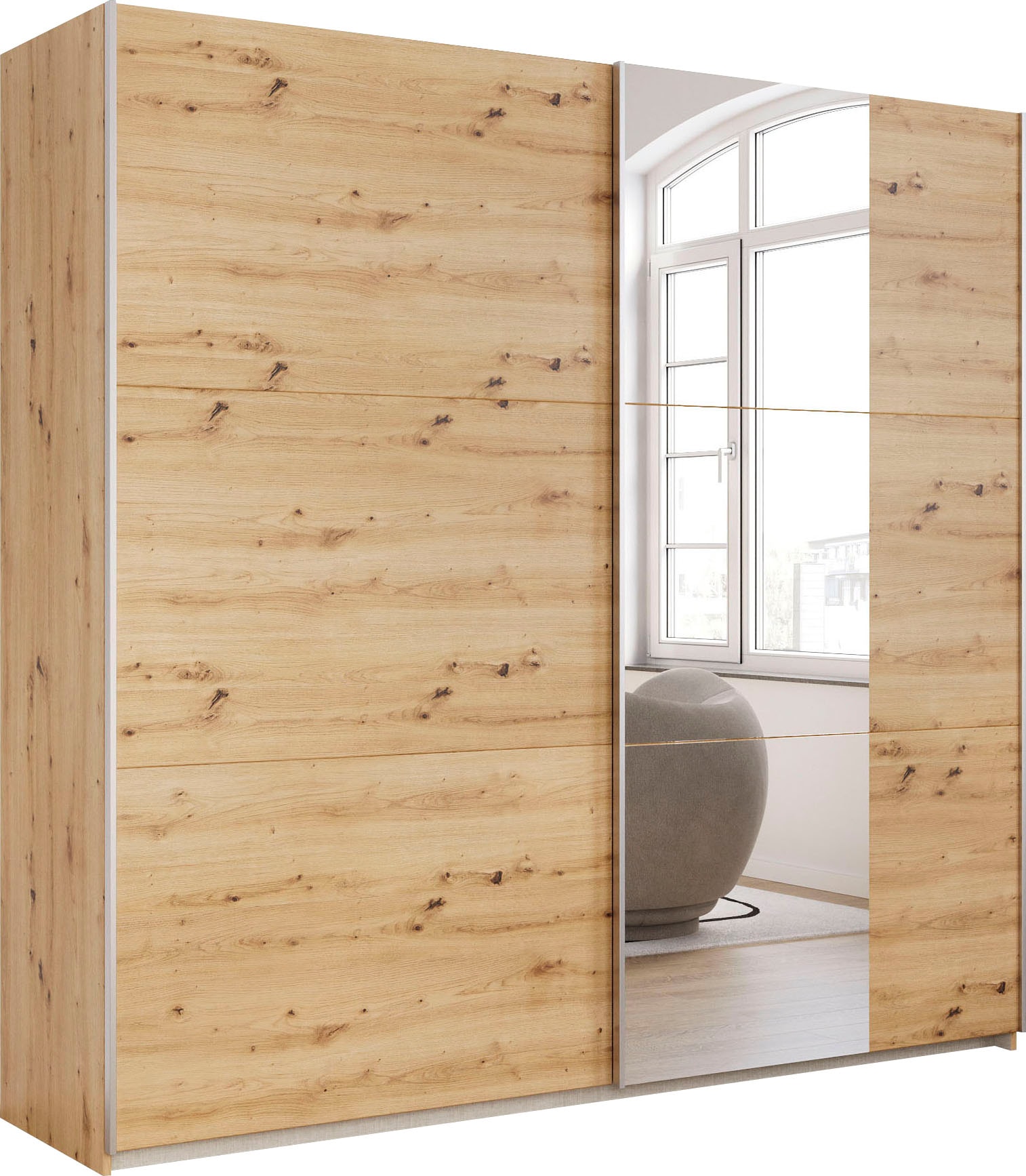 Schwebetürenschrank RAUCH "Kleiderschrank Drehtürenschrank Schrank Garderobe KRONACH TOPSELLER", braun (eiche artisan, griffleisten alu, 1 spiegel), B:218cm H:210cm T:59cm, Holzwerkstoff, Schränke, Schwebetürenschrank, mit Spiegel und viel Stauraum,...