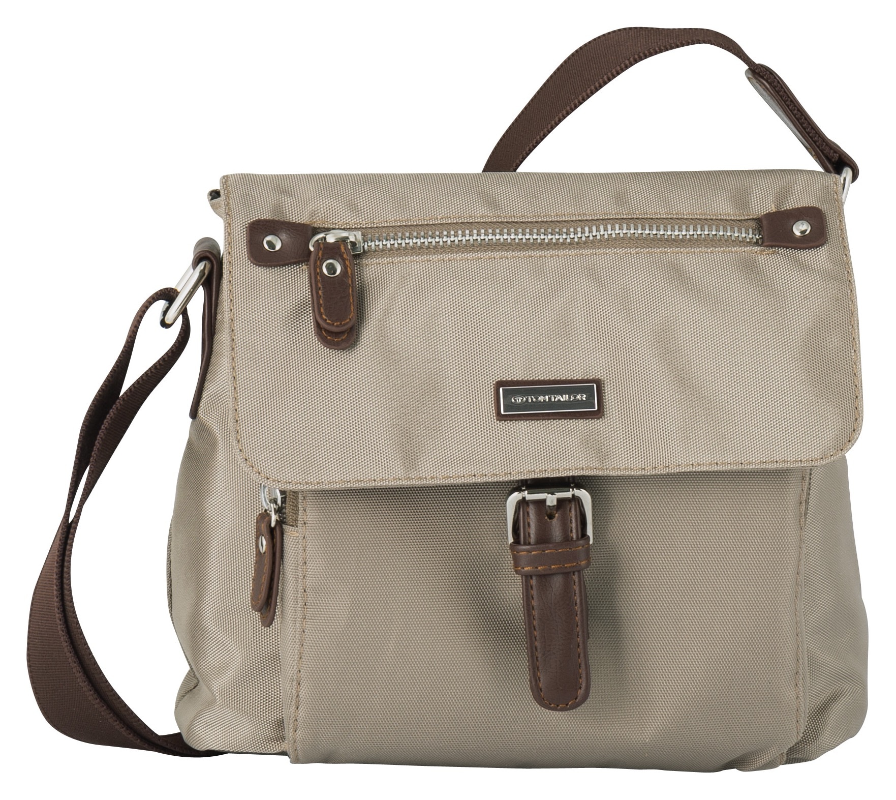 Umhängetasche TOM TAILOR "Rina", Damen, Gr. B/H/T: 22,5cm x 19cm x 9cm, beige, Lederimitat, Nylon, Taschen Umhängetasche, aus leichtgewichtigem Nylon und aufwändig gewebten Gurtband