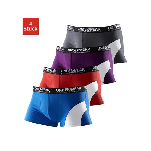 Boxer AUTHENTIC UNDERWEAR Gr. 5 (M), bunt (blau, rot, lila, grau) Herren Unterhosen mit kontrastfarbenen Einsatz