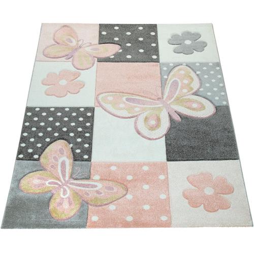 Kinderteppich PACO HOME ""Cosmo 220"" Teppiche Gr. B: 140cm, 12mm, L: 200cm, bunt (mehrfarbig) Kinder 3D-Design, Patchwork Muster, niedliches Motiv Schmetterlinge & Punkte