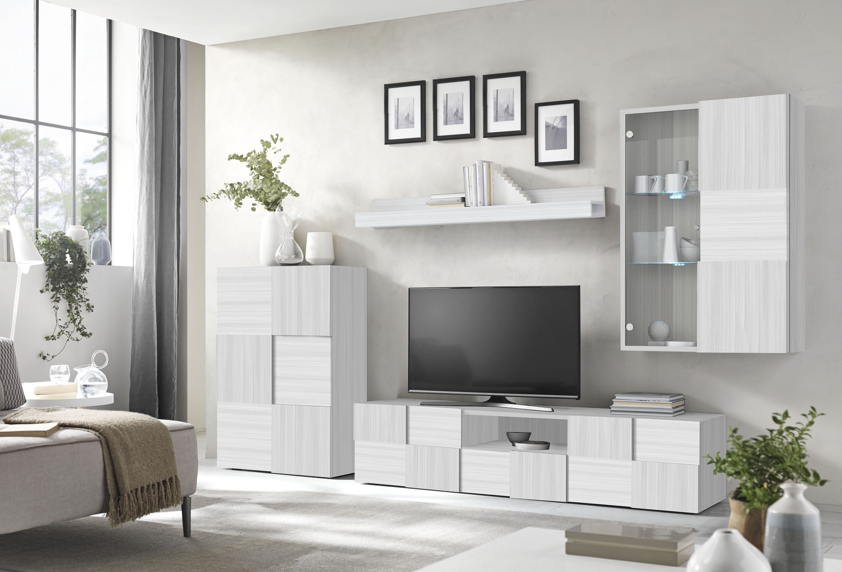 Wohnwand INOSIGN "Dama, 4tlg.Breite 300 cm, Höhe 200 cm, moderne Anbauwand in 3D-Optik", grau (eucalipto), Kastenmöbel-Sets, Wohnwand, (Lowboard, Stauraumschrank, Hängevitrine, Wandboard) viel Stauraum