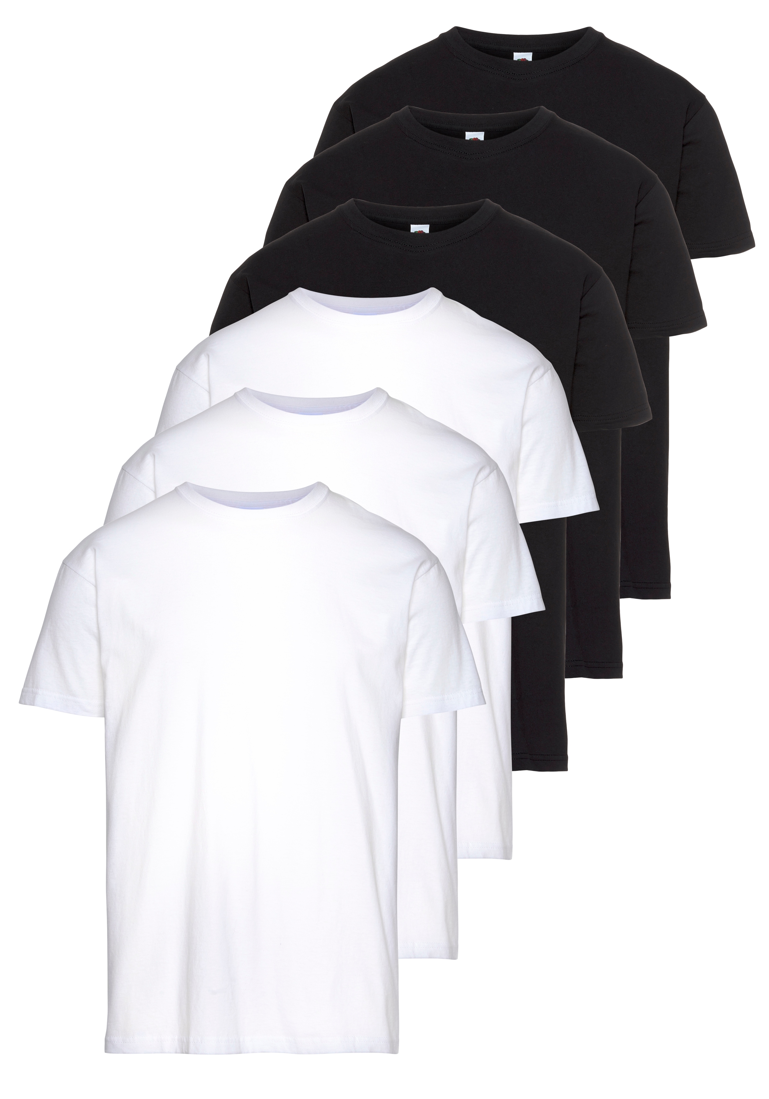 T-Shirt FRUIT OF THE LOOM "sechs Stück in unterschiedlicher Farbkomination", Herren, Gr. M (48/50), schwarz-weiß (weiß, schwarz), Single Jersey, Obermaterial: 100% Baumwolle, schmal, Rundhals, Shirts, mit Rundhalsausschnitt Image