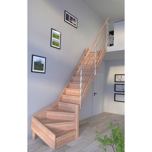 „STARWOOD Raumspartreppe „“Massivholz Rhodos, Design-Geländer Holzrundstäbe““ Treppen gewendelt Rechts, Durchgehende Wangenteile Gr. gewendelt, beige (natur) Treppen“