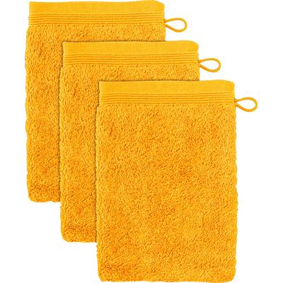 Waschhandschuh MÖVE "Superwuschel", gelb (gold), B:15cm L:20cm, Baumwolle, Waschlappen, Waschhandschuh Set mit Bordüre, 100% Premium Cotton Baumwolle, weich Image