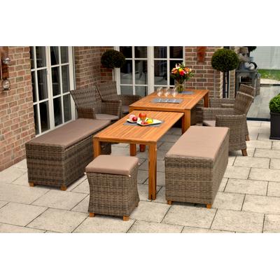 Garten-Essgruppe MERXX "Toskana", beige (natur, natur, natur), Polyester, Aluminium, Kunststoff, Polyester, Massivholz, Sitzmöbel-Sets, 4 Sessel, 2x 3er Sitzbank, 2x Hocker, inkl. Sitzkissen, Ausziehtisch