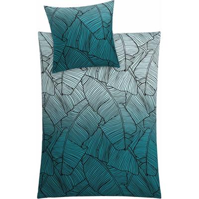 Bettwäsche KLEINE WOLKE "Vero", blau (petrol), B/L: 135cm x 200cm, , Mako-Satin, B/L: 80cm x 80cm, Mako-Satin, Obermaterial: 100% Baumwolle, Bettwäsche, mit Palmenblattmuster Image