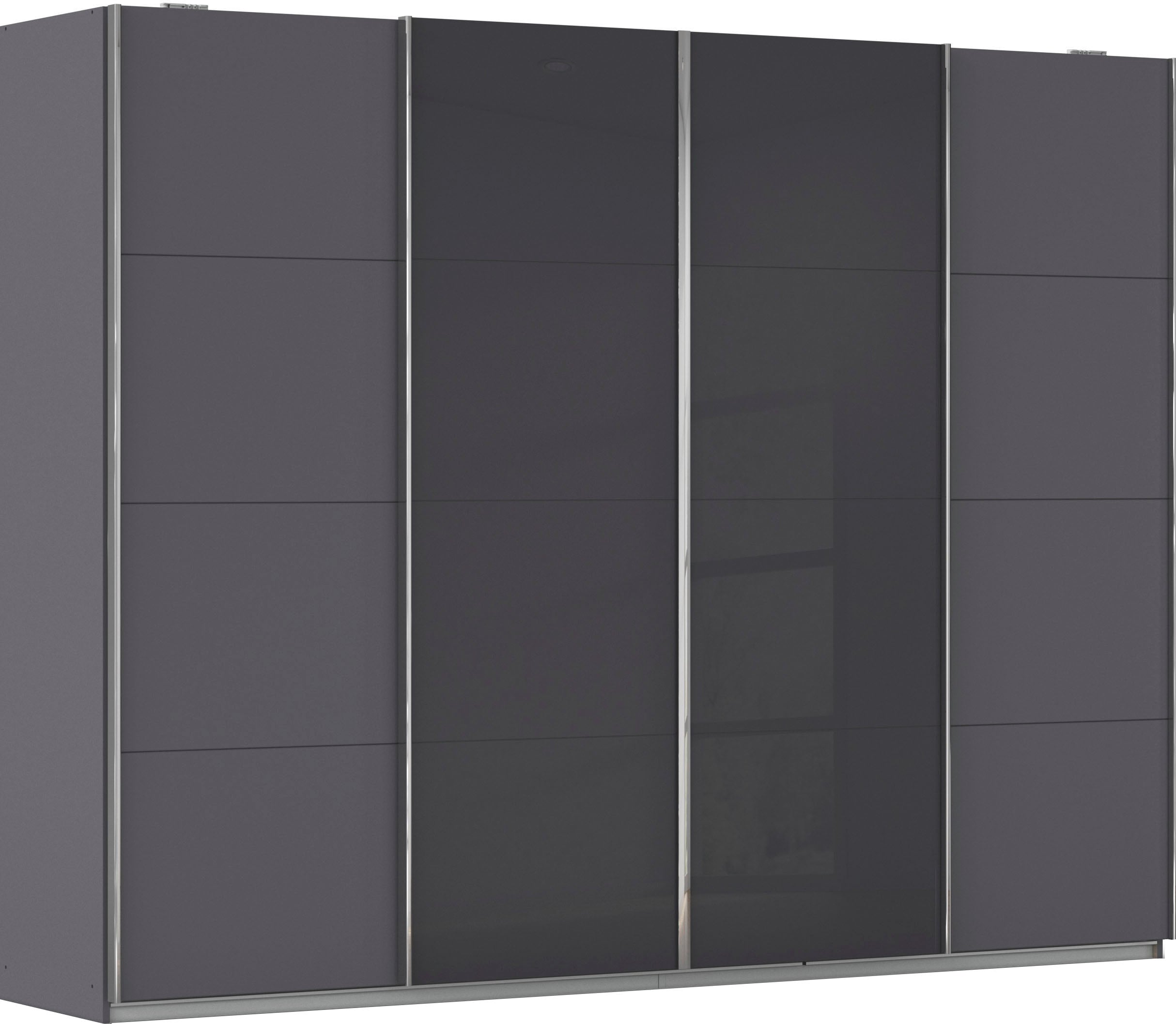 Schwebetürenschrank RAUCH "Kleiderschrank Schrank Garderobe Wäscheschrank Ankleide SYNCRONO", grau (graumetallic, basaltglas), B:271cm H:211cm T:62cm, Schränke, Schwebetürenschrank, mit Synchronöffnung
