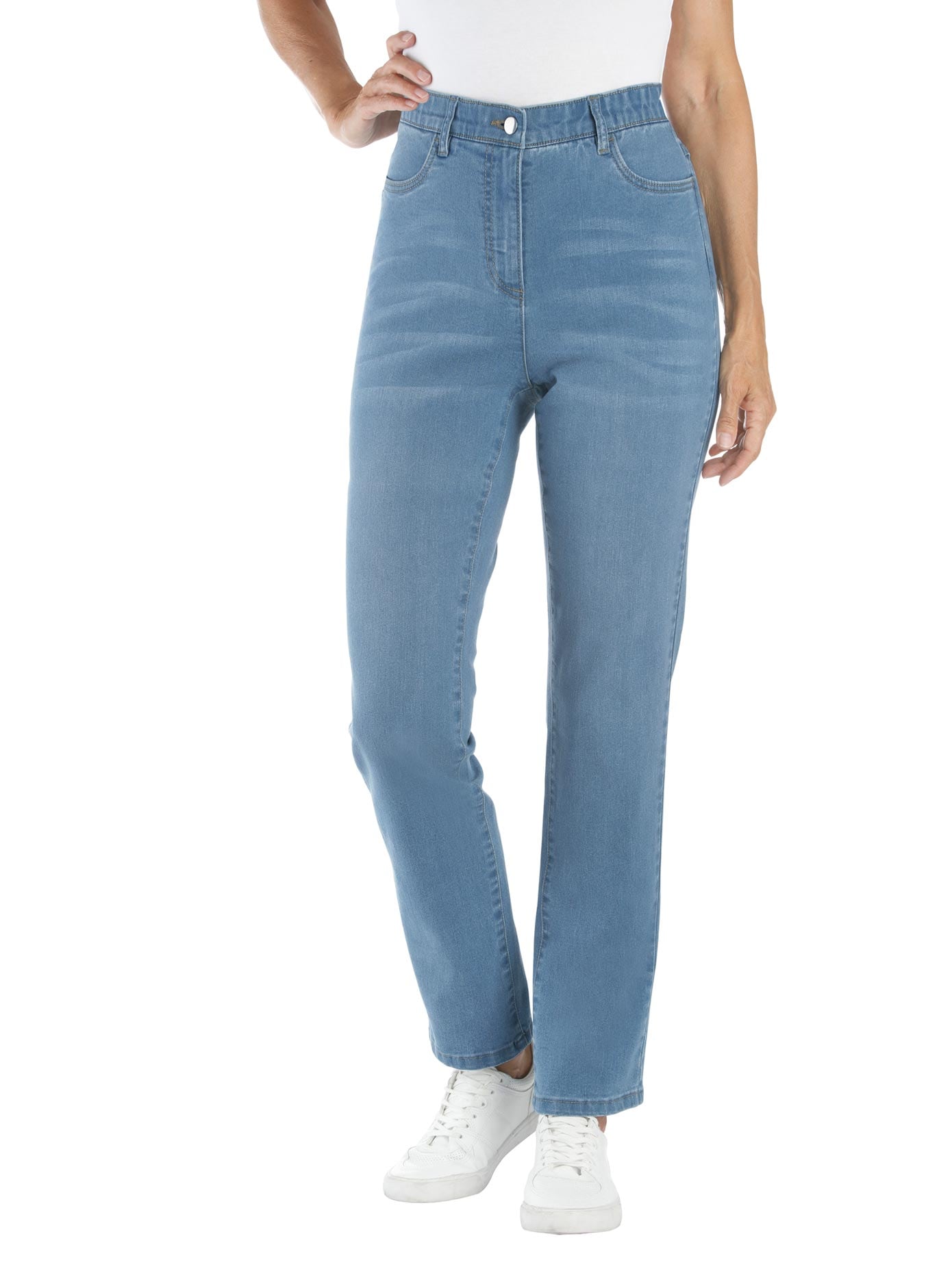 High-waist-Jeans CLASSIC BASICS, Damen, Gr. 22, Kurzgrößen, blau (blau, bleached), 81% Baumwolle, 17% Polyester, 2% Elasthan, unifarben, lang, Jeans High-Waist-Jeans