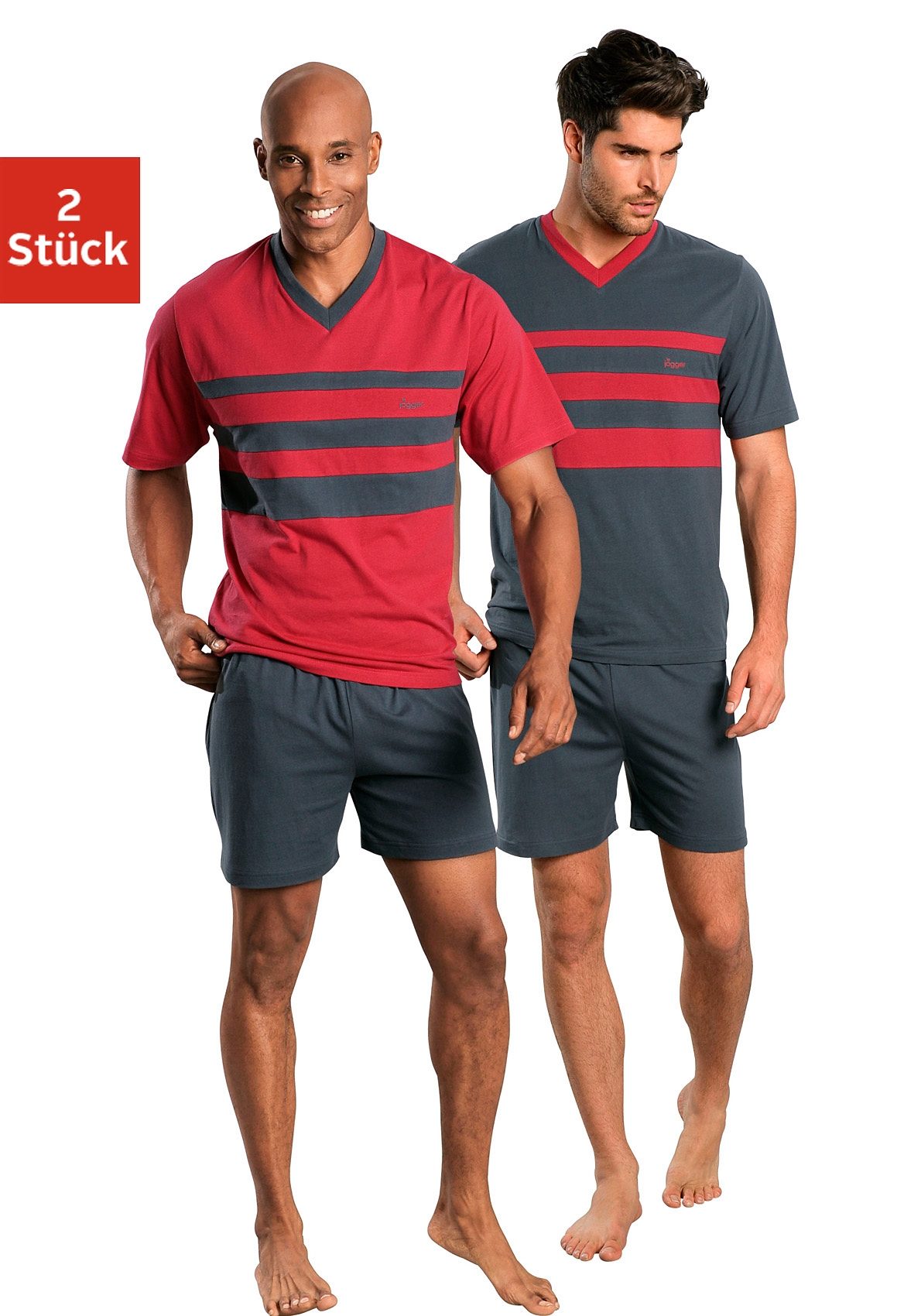 Pyjama LE JOGGER, Herren, Gr. 48/50 (M), bunt (rot, grau), Jersey, Obermaterial: 100% Baumwolle, unifarben mit Farbeinsätzen, Basic, bequem kurz, V-Ausschnitt, abgesteppte Kante, Homewear-Sets Pyjama, mit kontrastfarbigen Einsätzen vorn, Topseller