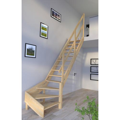 „STARWOOD Raumspartreppe „“Massviholz Korfu mit Holzgeländer““ Treppen gewendelt Rechts, Durchgehende Wangenteile Gr. gewendelt, beige (natur) Treppen“