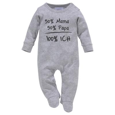 Schlafoverall KLITZEKLEIN "50% Mama, 50% Papa" Gr. 74/80, N-Gr, grau (grau, meliert) Baby Overalls aus Bio-Baumwolle