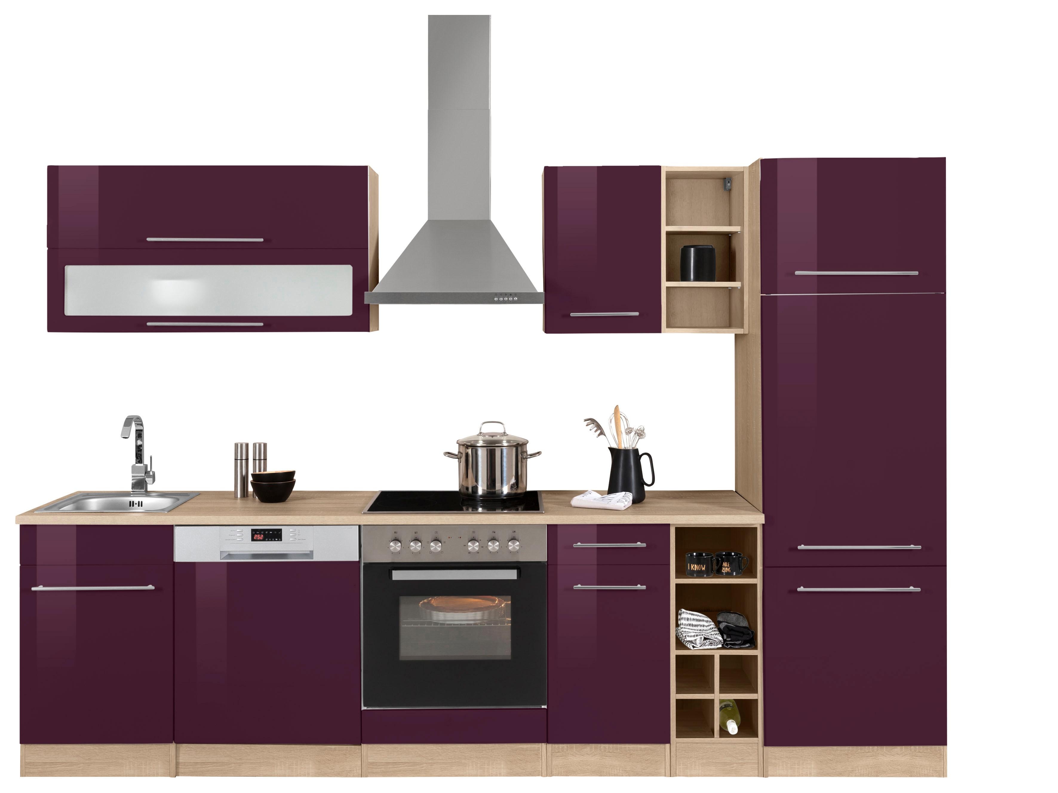 Küchenzeile KOCHSTATION "KS-Eton", lila (küche: lila, korpus: eichefarben, arbeitsplatte: eichefarben), B:300cm T:60cm, Komplettküchen-Sets, ohne E-Geräte, Breite 300 cm Image