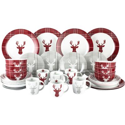 Kombiservice RETSCH ARZBERG "Geschirr-Set, Service HIGHLAND STAG, Winter, Advent, Weihnachten", rot (weiß, rot, hellgrau, dunkelgrau), 30 tlg., Porzellan, Geschirr-Sets, Hirsch trifft Schottenkaro, 30 Teile, für 6 Personen Image