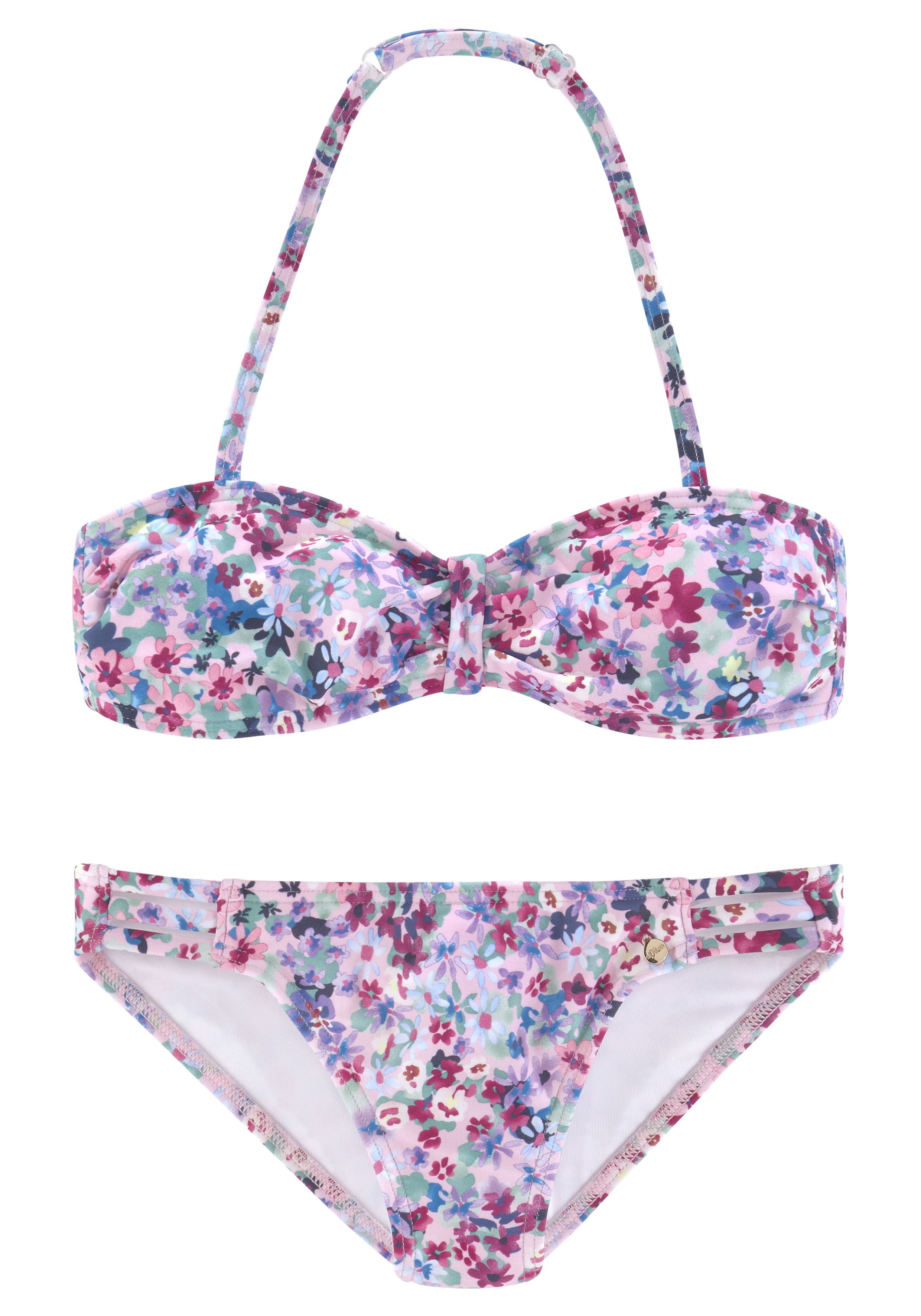 Bandeau-Bikini S.OLIVER "Scatter Kids", Mädchen, Gr. 134/140, N-Gr, lila (lila, bedruckt), Polyamid, bedruckt, geblümt, Bikini-Sets, mit sommerlichem Blumendruck
