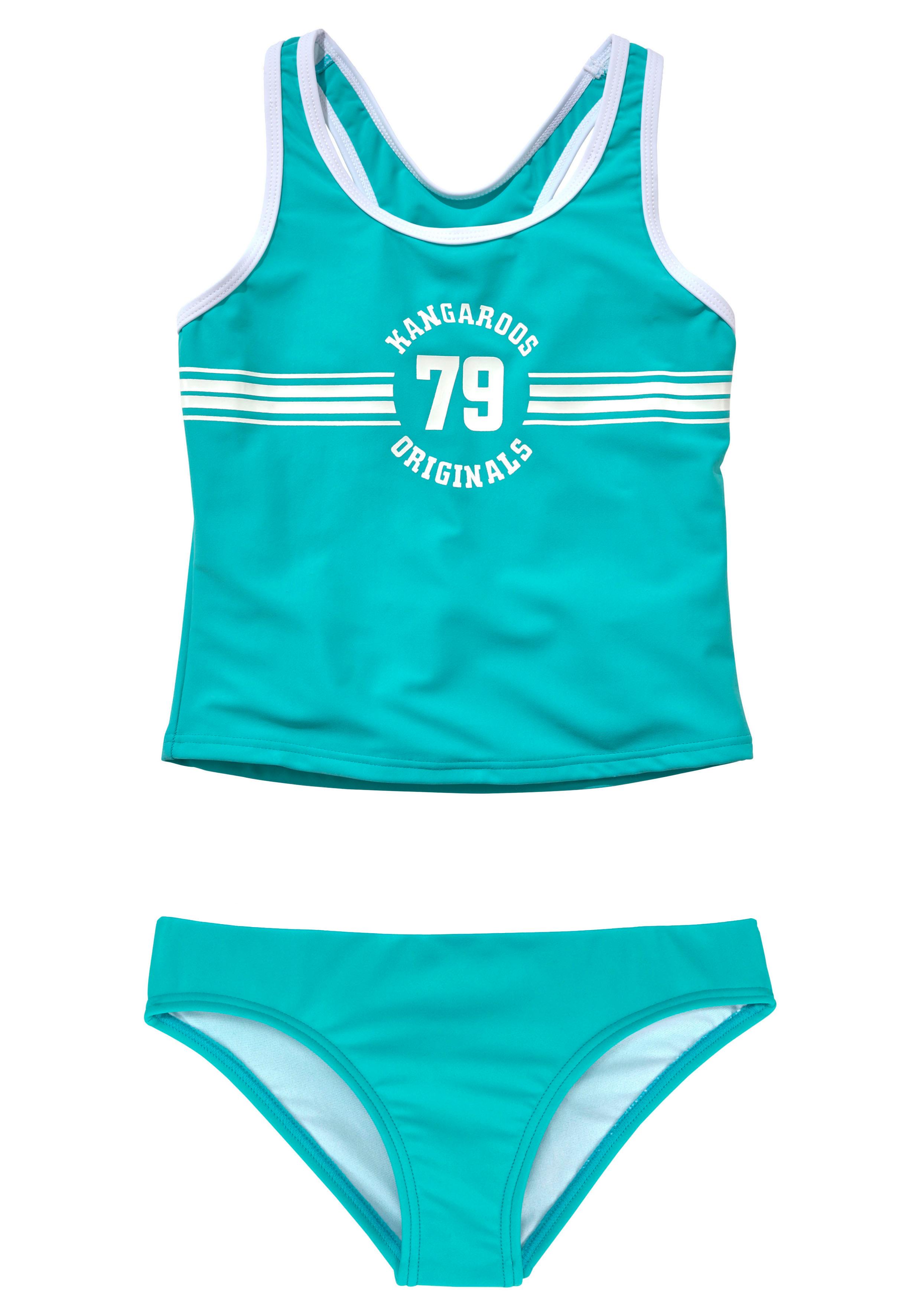 Tankini KANGAROOS "Sporty", Kinder, Gr. 158/164, N-Gr, blau (türkis), Polyamid, kontrastfarbene Details, unifarben, Bikini-Sets, mit sportlichem Frontdruck Image
