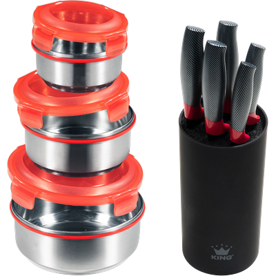 Messerblock KING "Carbon Optic", rot (rot, schwarz, edelstahlfarben), Messerblöcke, inkl. 3-teiligem Dosen-Set Image
