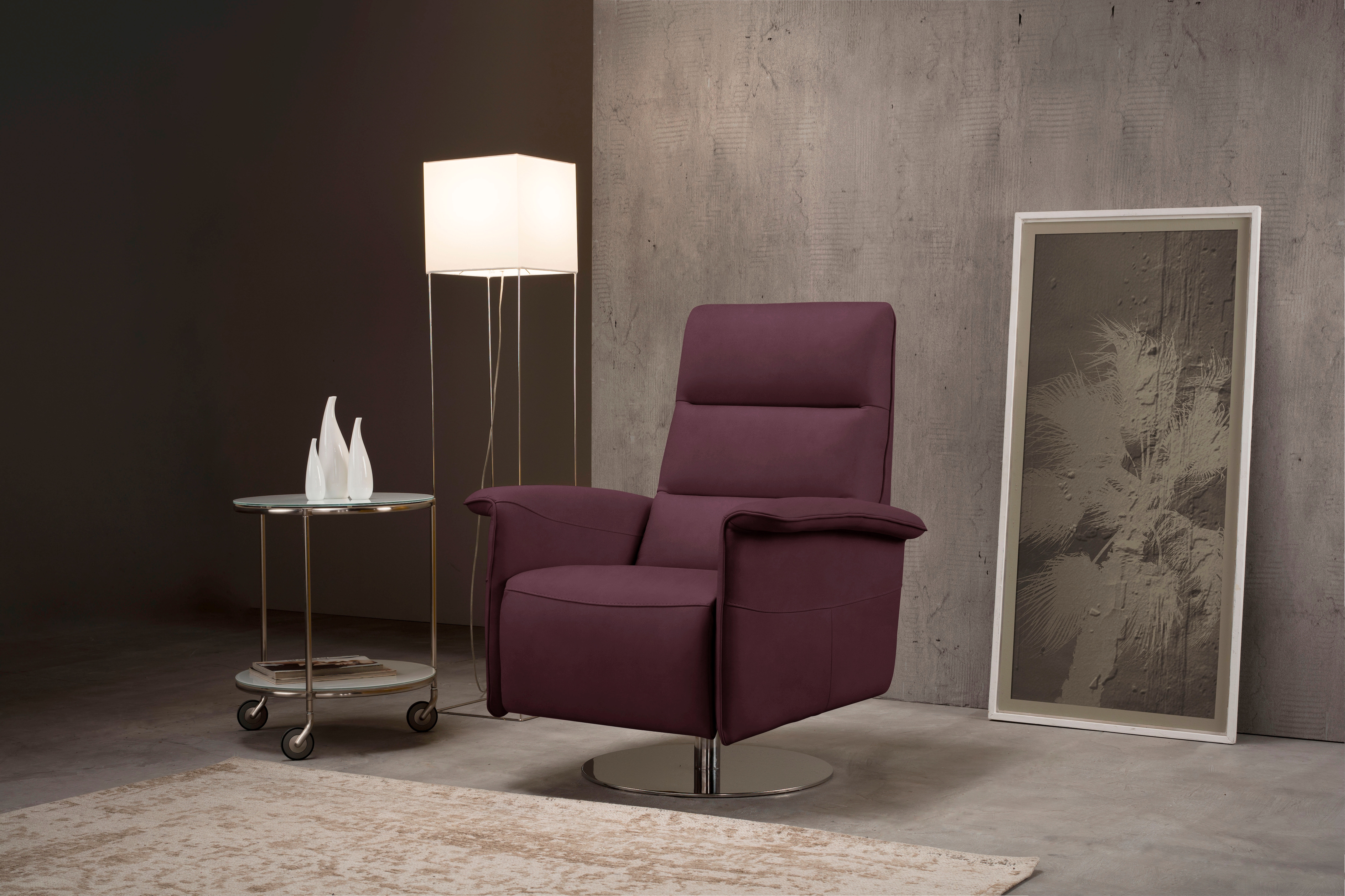 Sessel EGOITALIANO "Kelly Designsessel, Clubsessel & Relaxsessel, bequem, zeitlos elegant", lila (plum), B:83cm H:105cm T:92cm, Sessel, Sessel, drehbar, manuelle Relaxfunktion mit Push-Back-Mechanismus