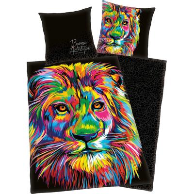 Wendebettwäsche "Löwe", bunt (schwarz, bunt), B/L: 135cm x 200cm, , Satin, B/L: 80cm x 80cm, Satin, Obermaterial: 100% Baumwolle, Bettwäsche, mit buntem Löwenkopf Image