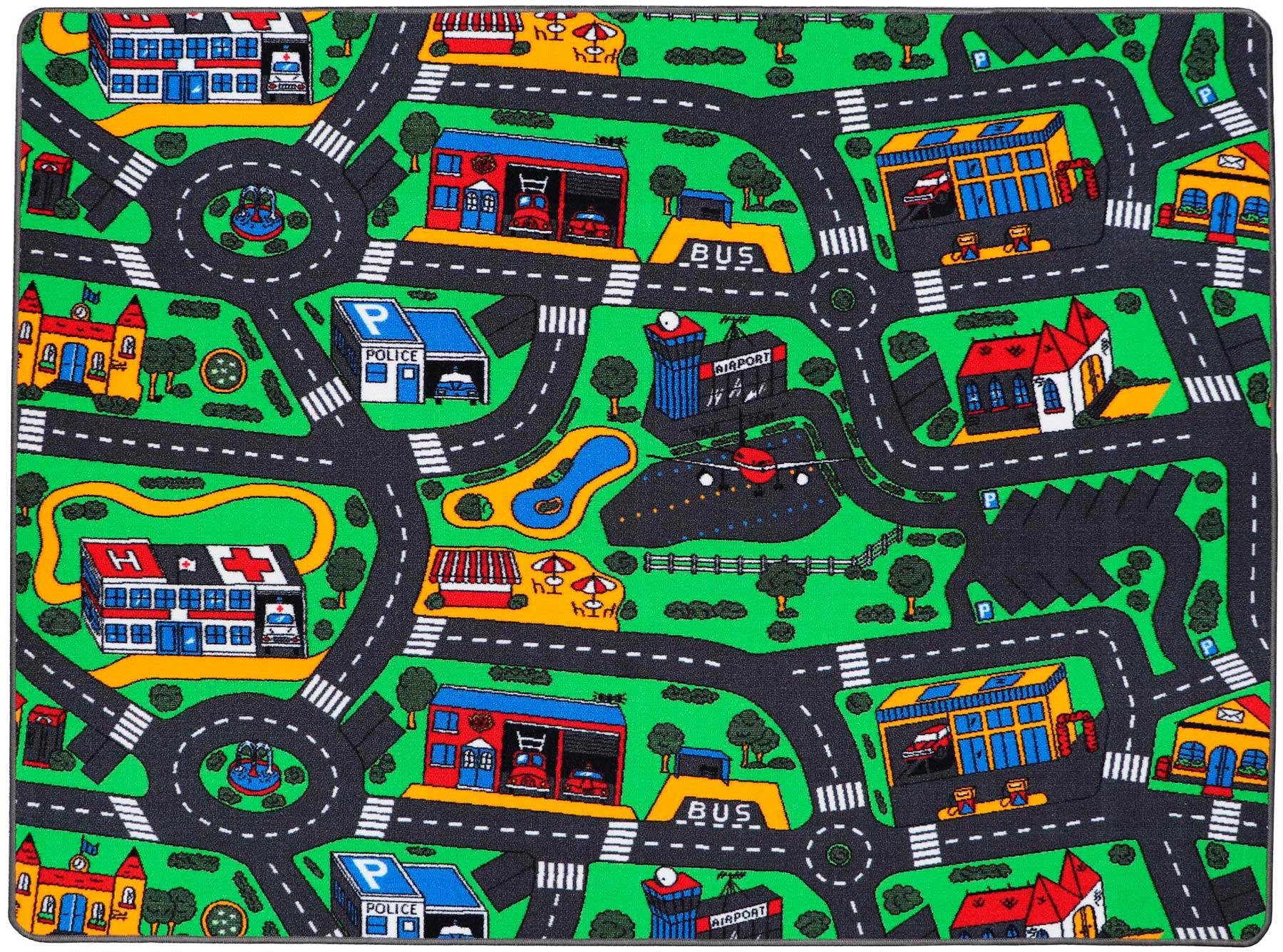 Kinderteppich "CITY, Made in Belgium", grün, B:140cm H:5mm L:200cm, Polyamid, PRIMAFLOR-IDEEN IN TEXTIL, Teppiche, Kinderteppich, Straßen-Spiel-Teppich, Straßenbreite ca. 9 cm, Kinderzimmer