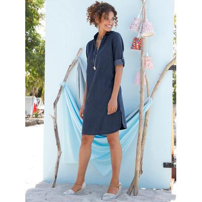 Jeanskleid CASUAL LOOKS "Jeans-Kleid", Damen, Gr. 48, Normalgrößen, blau (blau, stone, washed), 100% Baumwolle, unifarben, kurz, V-Ausschnitt, 3/4-Ärmel, Kleider, Topseller Image