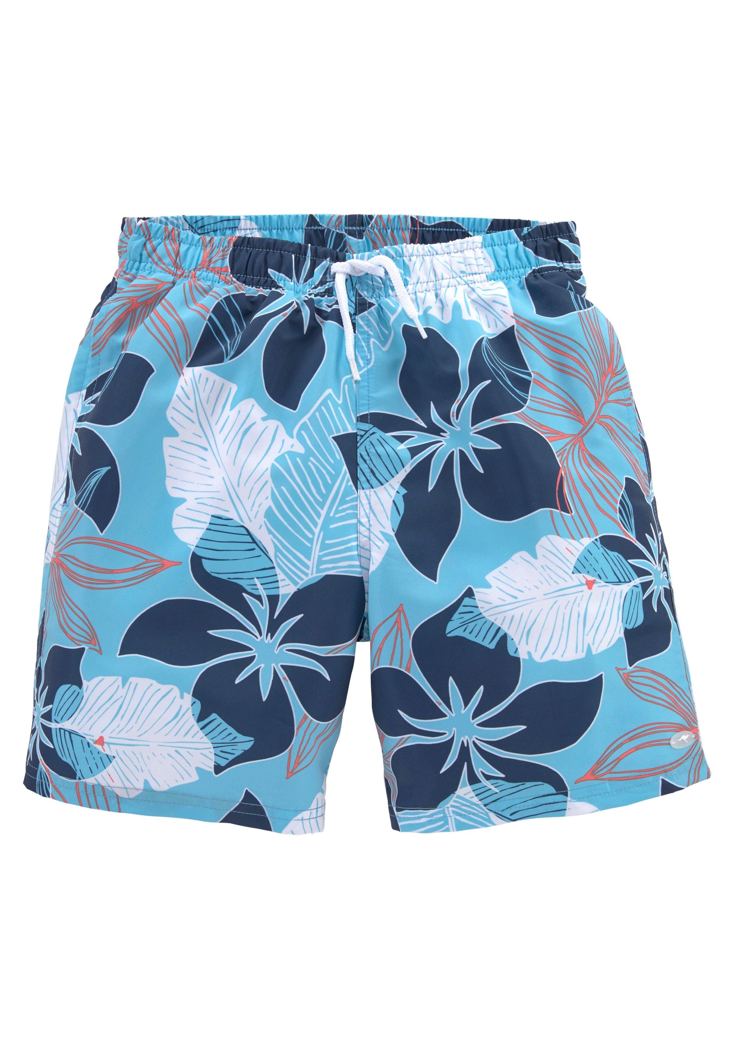 Badeshorts KANGAROOS "Moloka Kids", Kinder, Gr. 158/164, N-Gr, blau, Microfaser, Polyester, floral, Badehosen, mit Hawaiiprint Image