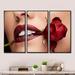 Everly Quinn Woman w/ Red Lipstick Holding A Rose In Mouth - Modern Framed Canvas Wall Art Set Of 3 Canvas, in White | 28 H x 36 W x 1 D in | Wayfair