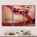 Everly Quinn Woman Mouth w/ Red Lipstick Biting Red Pearls - Modern Framed Canvas Wall Art Set Of 3 Metal in Brown/Red | Wayfair