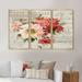 One Allium Way® Red Painted Flowers On Vintage Postcard III - 3 Piece Painting on Canvas Canvas, Wood in White | 28 H x 36 W x 1 D in | Wayfair