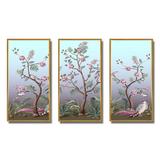 Red Barrel Studio® Chinoiserie w/ Birds & Peonies II - Traditional Framed Canvas Wall Art Set Of 3 Canvas, in White | 28 H x 36 W x 1 D in | Wayfair