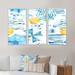 Highland Dunes Vacation Sun w/ Water Waves Sun And Umbrella II - Patterned Framed Canvas Wall Art Set Of 3 Canvas, in Blue/Green/Yellow | Wayfair