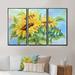August Grove® Three Sunflowers - Floral Framed Canvas Wall Art Set Of 3 Metal in Blue/Green/Yellow | 32 H x 48 W x 1 D in | Wayfair