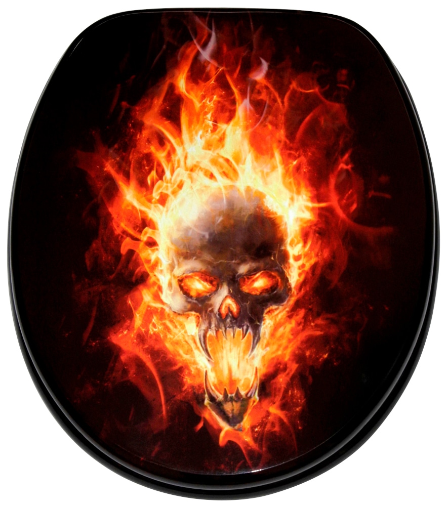 WC-Sitz SANILO "Totenkopf in Flammen", schwarz, orange, gelb, B:37,7cm L:47cm, MDF - Mitteldichte Holzfaserplatte, WC-Sitze Image