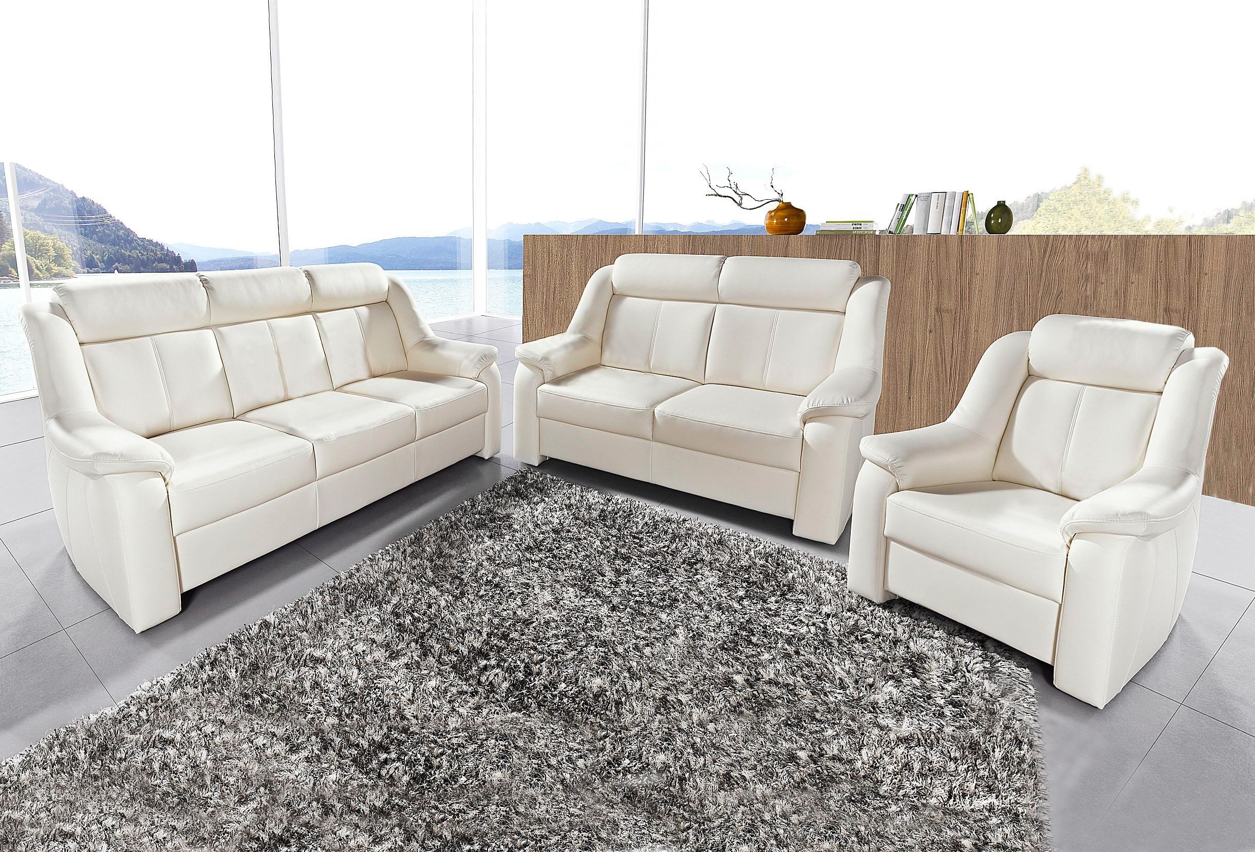 Polstergarnitur SIT & MORE "Basel", weiß (altweiß,), Kunstleder NaturLEDER, Sitzmöbel-Sets, Set, bestehend aus 3-Sitzer + 2-Sitzer + Sessel