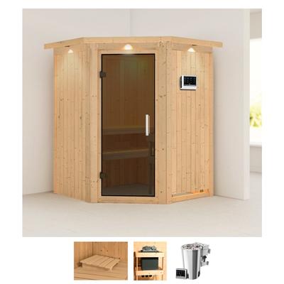 Sauna KARIBU "Nanna", beige (naturbelassen), Bio-Kombiofen, externe Steuerung, 3,6 kW, Saunen, 3,6-kW-Bio-Plug & Play Ofen mit externer Steuerung