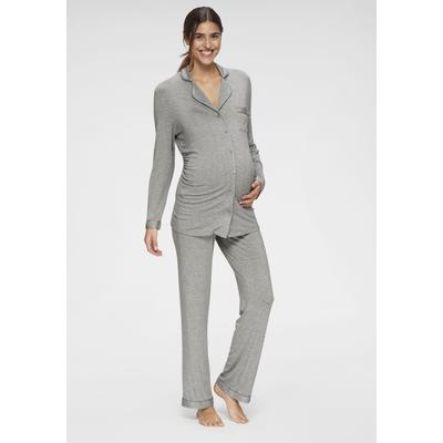 Umstandspyjama LASCANA, Damen, Gr. 40/42, grau, Single Jersey, Obermaterial: 95% Viskose, 5% Elasthan, meliert, klassisch, sehr bequem lang, V-Ausschnitt, Langarm eingesetzt Manschette, Homewear-Sets, mit Knopfleiste und Raffung an der Seitennaht