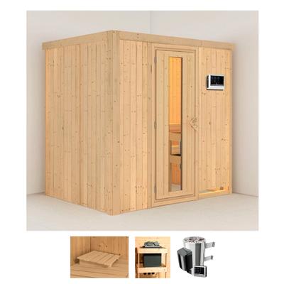 Sauna KARIBU "Finja", beige (naturbelassen), Saunaofen, externe Steuerung, 3,6 kW, Saunen, 3,6-kW-Plug & Play Ofen mit externer Steuerung