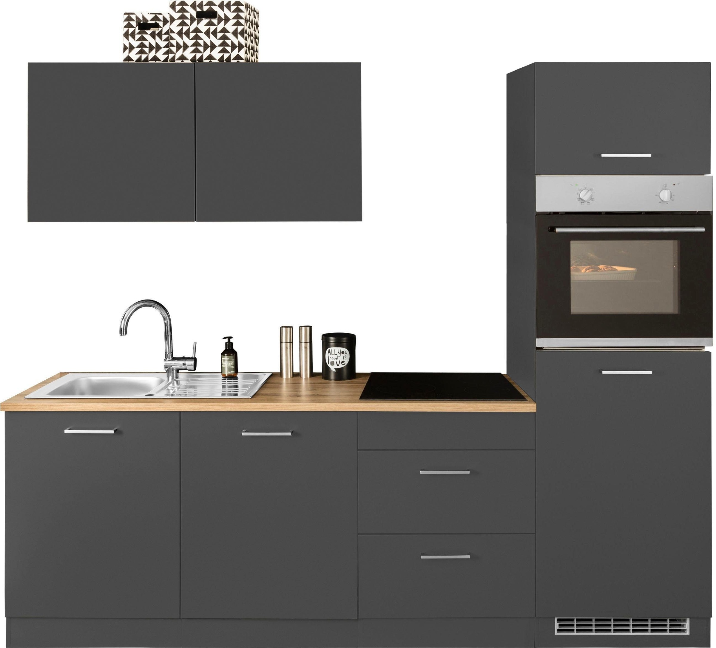 Küchenzeile KOCHSTATION "KS-Kehl", grau (küche: grau, korpus: grafit, arbeitsplatte: wotaneichefarben), B:240cm T:60cm, Komplettküchen-Sets, ohne E-Geräte, Breite 240 cm, für Kühlschrank Image